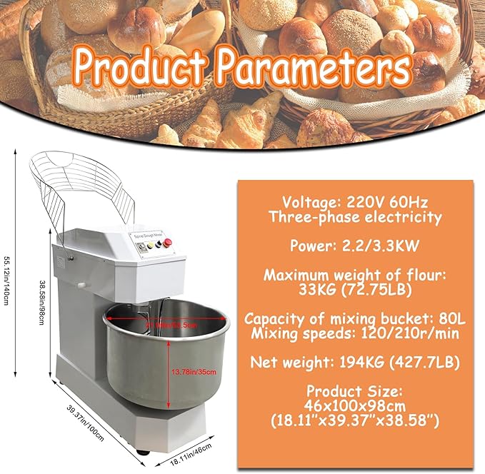 80L Commercial Dough Mixer Spiral Stand Mixer, Dual Speed & Dual Action, Stainless Steel Dough Kneading Machine, 72LB Dry Flour Capacity, for Bakeries Pizzerias, 220V, 3-Phase