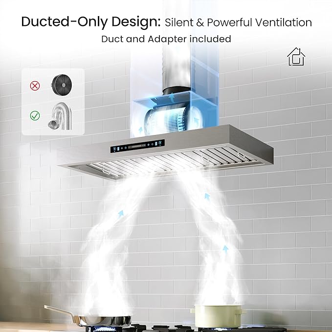 IKTCH 36 Inch Wall Mount Range Hood with 900 CFM, 4-Speed Fan, Ducted Range Hood, Gesture Sensing & Touch Control, Durable Stainless Steel IKP01-36