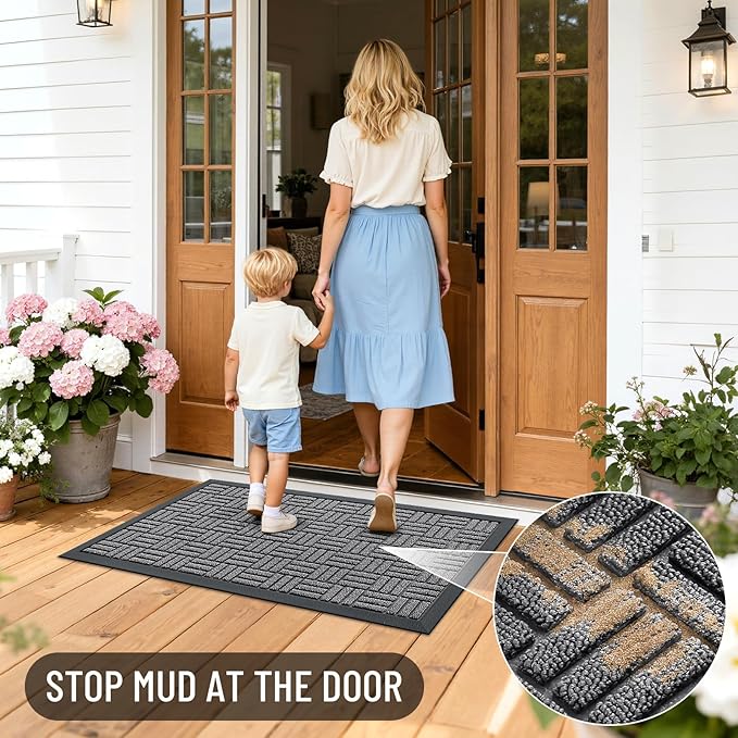 OLANLY Front Door Mat Outside Entrance 47x17, Absorbent, Heavy Duty Sturdy Natural Rubber Doormat Indoor Outdoor, Stain and Fade Resistant, Non-Slip Backing Low Profile Floor Mat for Entryway, Grey