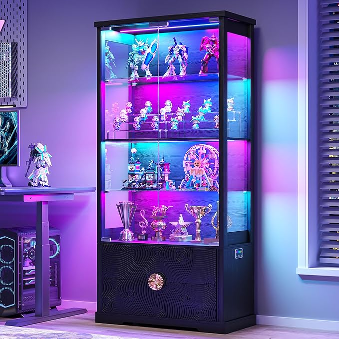 RGB Glass Display Cabinet with Door, 4-Tier Curio Cabinet with 2 Drawers and Adjustable Glass Height Showcase, Display Case with 3 LED Light and Human Body Sensor, Black