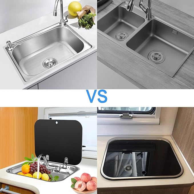 Cafe Bar Kitchen RV Sink with Folding Faucet A and Lid, Stainless Steel Single Bowl Hand Wash Basin Drop In Sink with Cover for Bar Caravan Van RV Camper Motor Home Trailer Accessories