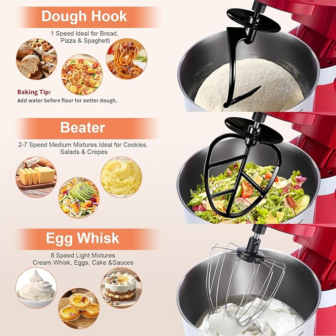 Aifeel 10.5 QT Stand Mixer,900W Electric Food Dough Mixer,Large Capacity Tilt-Head Kitchen Electric Mixer with Dough Hook,Beater,Whisk & Splash Guard,Dishwasher-Safe Attachments for Baking(Red)