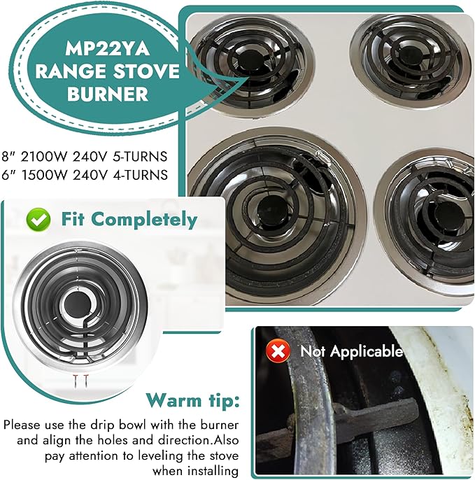 MP22YA Electric Range Burner Element & W10290350 W10290353 Silver Drip Pans for Electric Stove by Fetechmate, 6-Inch & 8-Inch& Chrome Drip Pan with Burner Element Fit for Ama-na Whirl-pool Stove Top