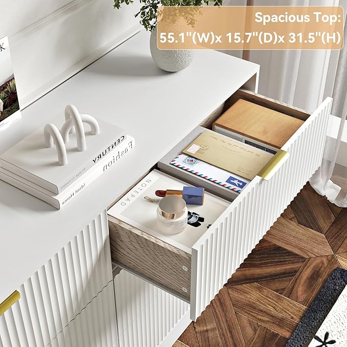 6 Drawers Fluted Dresser for Bedroom, 55" Wide Wooden Dresser with Deep Drawers, Large Floor Chest of Drawers, Modern Long TV Stand, Storage Cabinet Side Table, White