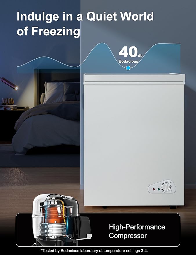 5.0 Cu.Ft Chest Deep Freezer with 2 Removable Baskets, Energy Efficient (0.41kWh/24H), <40dB Ultra-Quiet, 6 Temp Control, Manual Defrost, Free Standing Top Open Door for Home Garage Basement, White