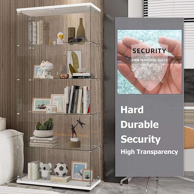 74" H 5-Shelf Glass Display Cabinet with Double Door, Modern Curio Cabinet Collection Display Case, Floor Standing Bookshelf Glass Case with Lock for Living Room,Home Office (White)