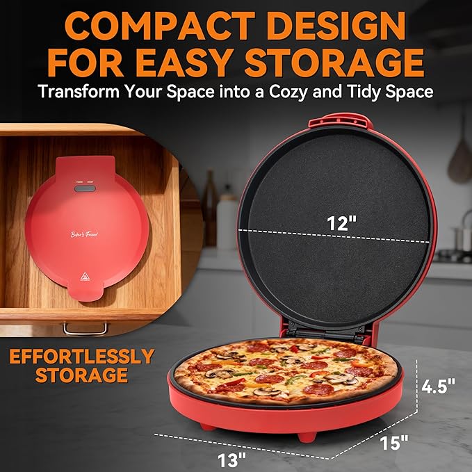 Baker’s Friend Countertop Pizza Maker Electric, 12 Inch Pizza Maker Machine for Home, Quesadilla Maker, Non-stick Cooking Plates, Horno Para Pizza, 1400W, Red