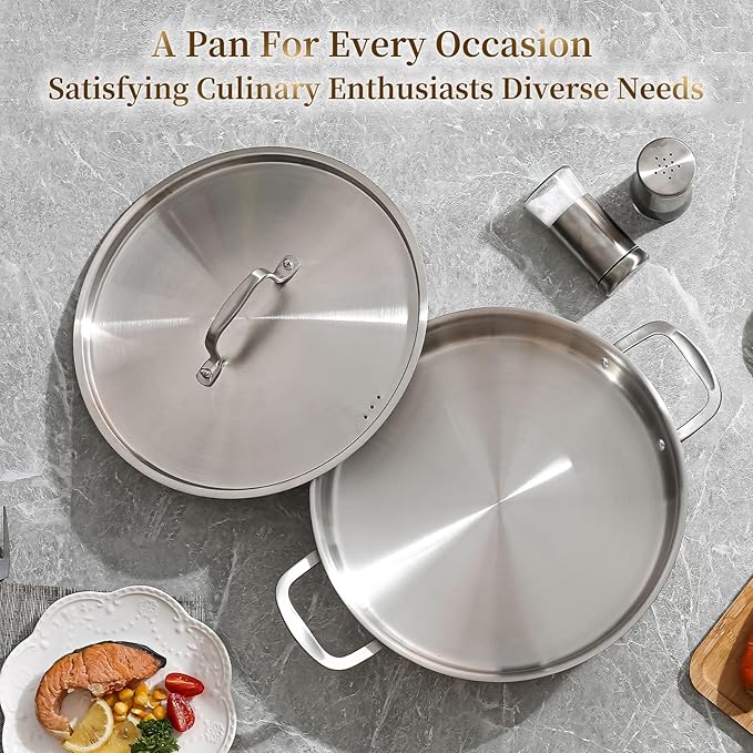 DELARLO Tri-Ply Stainless Steel 8 Quart Braiser Pan with Lid Induction Rondeau Pot With Lid 13inch Deep Frying Pan Large Saute Pan Heavy Duty Style Compatible With All Cooktops Up to 650℉