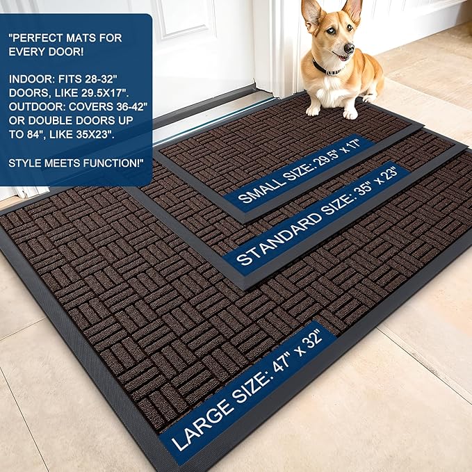 OLANLY Front Door Mat Outside Entrance 33x21, Absorbent, Heavy Duty Sturdy Natural Rubber Doormat Indoor Outdoor, Stain and Fade Resistant, Non-Slip Backing Low Profile Floor Mat for Entryway, Brown