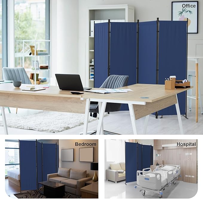 Room Partitions and Dividers 4 Panel Portable Wall w/ 3 Wider Feet Folding Room Divider 6FT Privacy Wall Indoor as Dressing Screen for Apartment School Office Children's Separate Rooms,Blue