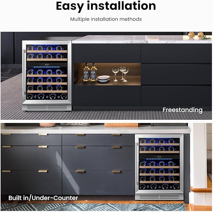 Yeego Wine Fridge Cooler - 24 Inch Dual Zone Wine Fridge Hold 52 Bottles, 40-65°F Wine Refrigerator Glass Door, Built in Fridge, Freestanding Adjustable Shelves Fridge for Beer Soda Drink Home Bar