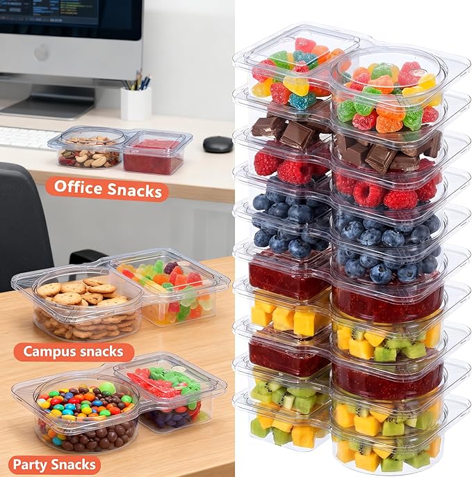 20 Pack Reusable Snack Containers with Lids, Double Compartment Snack Containers for kids & Adults -2 Compartment Condiment Containers, Dishwasher & Microwave Safe, for Portion Control, Meal Prep