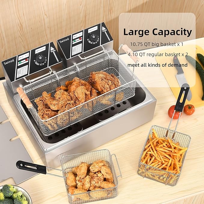 Commercial Deep Fryer with Basket for Restaurant or Home Use, 3400W 12.7QT Detachable Large Capacity Stainless Steel Countertop Electric Oil Fryer with Temperature Control