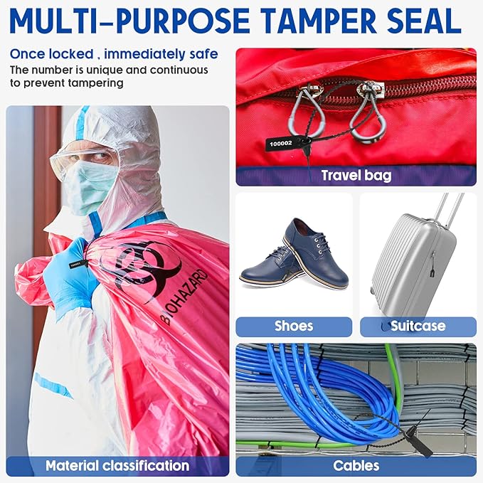 1000 Pcs Plastic Tamper Seals Fire Extinguisher Tags Security Tags Seals Safety Numbered Zip Ties Labels Safety Disposable Self Locking Signage 250 mm Length (Black)