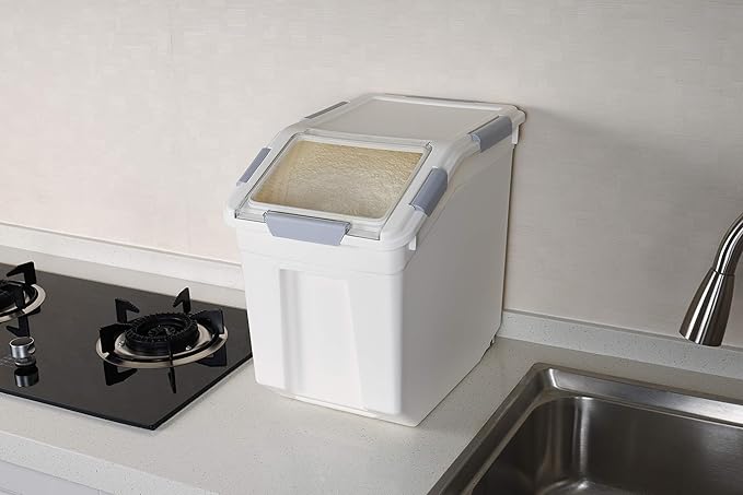 EonTone Pack-2 Bulk Large Sealed Flour Storage Container 25 Liters (30 lbs) with Lockable Lid Wheels and Measuring Cup BPA-Free Food Dispenser
