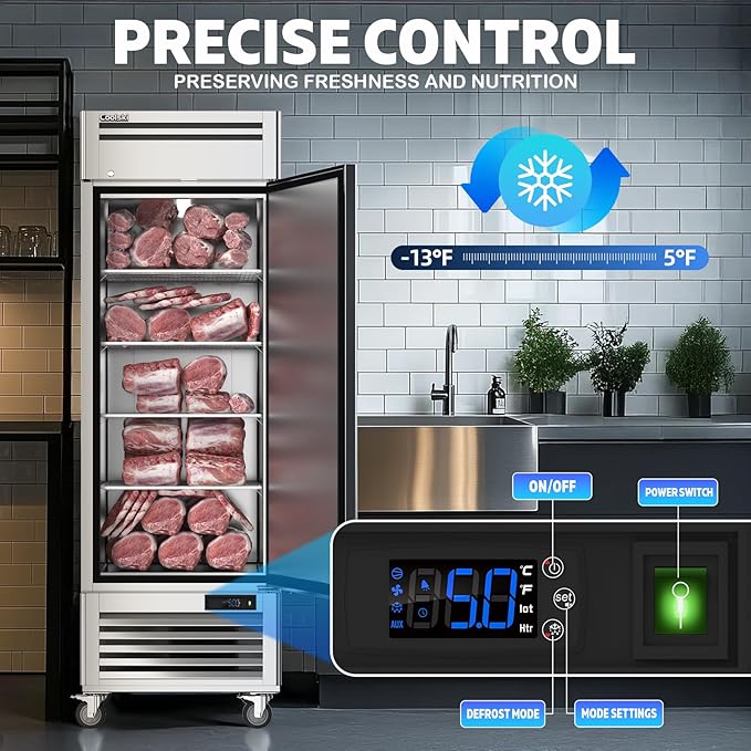 Coolski 19.32 Cu.ft Commercial Freezer Single Solid Door, Upright Reach-in 27" W Stainless Steel Freezer Fan Cooling for Restuarant, Bar, Shop, Garage, -13℉~-5℉, 4 Shelves