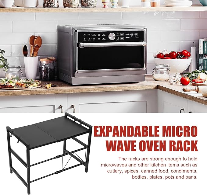 Expandable Microwave Oven Rack, 2-Tier Adjustable Kitchen Countertop Shelf, Toaster Rack Heavy Duty Stand Organizer