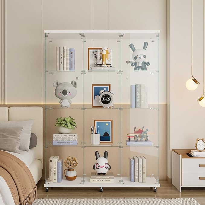 66.5" H 4-Shelf Extra Large Glass Display Cabinet with Double Doors,Modern Floor Standing Curio Cabinet Bookshelf Collection Display Case with Lockable Casters & Lock for Living Room (White)