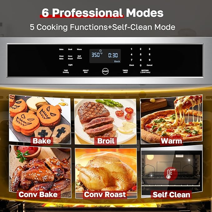 30" Electric Wall Oven with Self-cleaning, CSA Certified, ThermoMate 4.8 Cu.Ft Bilt-in Wall Oven with 8 Functions, 3800W Convection Wall Ovens, Touch Control, Safety Lock, Stainless Steel