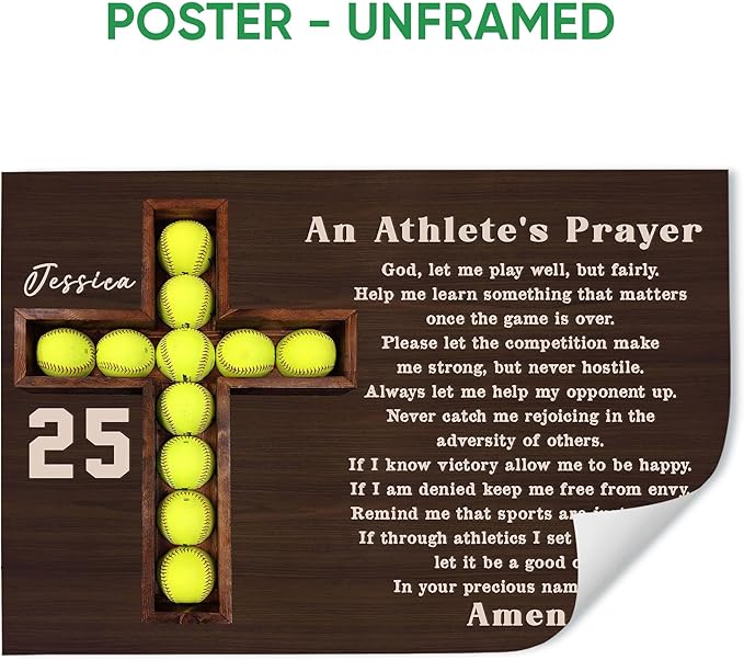 Personalized Softball Poster & Framed Canvas, An Athlete'S Prayer Home Office Decor, Custom Name Number Bedroom Living Room Aesthetic Wall Art Gift For Mom, Daughter, Wife, Girlfriend