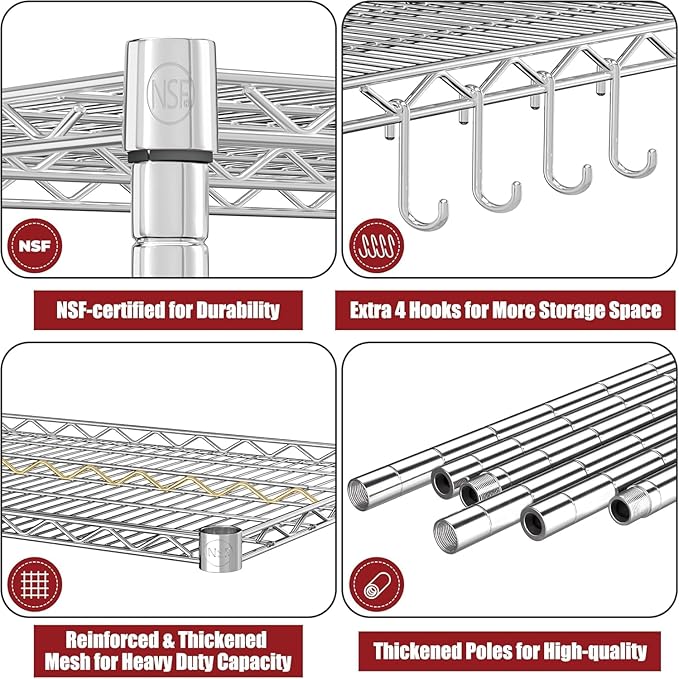 PrimeZone 4 Tier 55.5" Wx24 Dx76 H Wire Shelving with Wheels 2400lbs NSF Certified Storage Shelves Heavy Duty Metal Shelf Adjustable Rolling Rack Commercial Garage Restaurant Warehouse Kitchen 8Pack