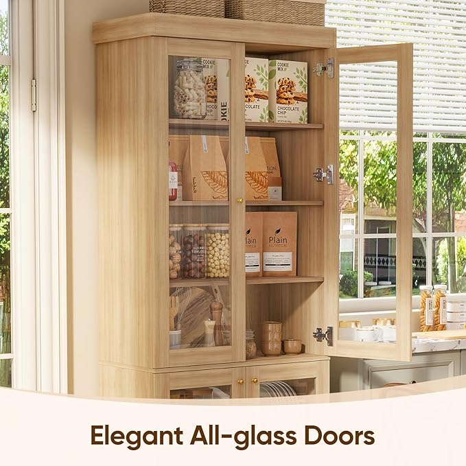70.8" Bookshelf with Glass Doors, Farmhouse Modular Bookcase with 6-Tier Adjustable Shelves, Large Storage Cabinet for Living Room & Home Office, Set of 4, Brown