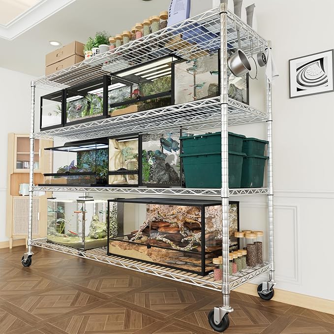 PrimeZone 4 Tier 55.5" Wx24 Dx76 H Wire Shelving with Wheels 2400lbs NSF Certified Storage Shelves Heavy Duty Metal Shelf Adjustable Rolling Rack Commercial Garage Restaurant Warehouse Chrome 3Pack