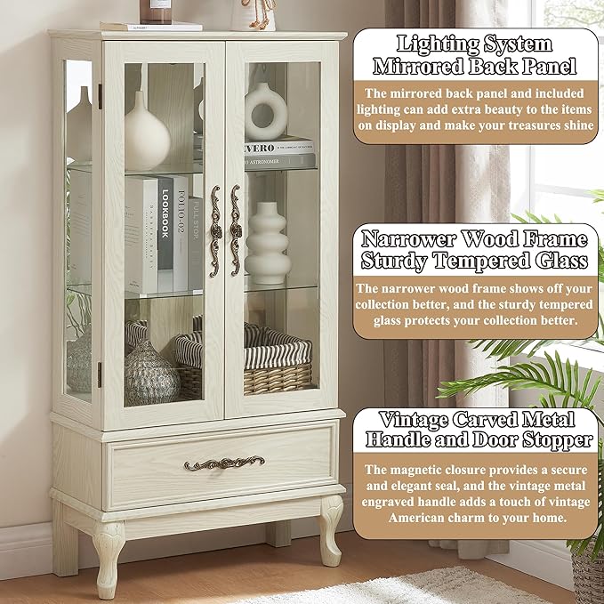 51" H Lighted Curio Cabinet Display Case, Glass Curio Cabinet with Adjustable Shelves,Tempered Glass Door and Drawer, Wooden Cabinets w/Mirrored Back Pane for Living Room (Antique White)