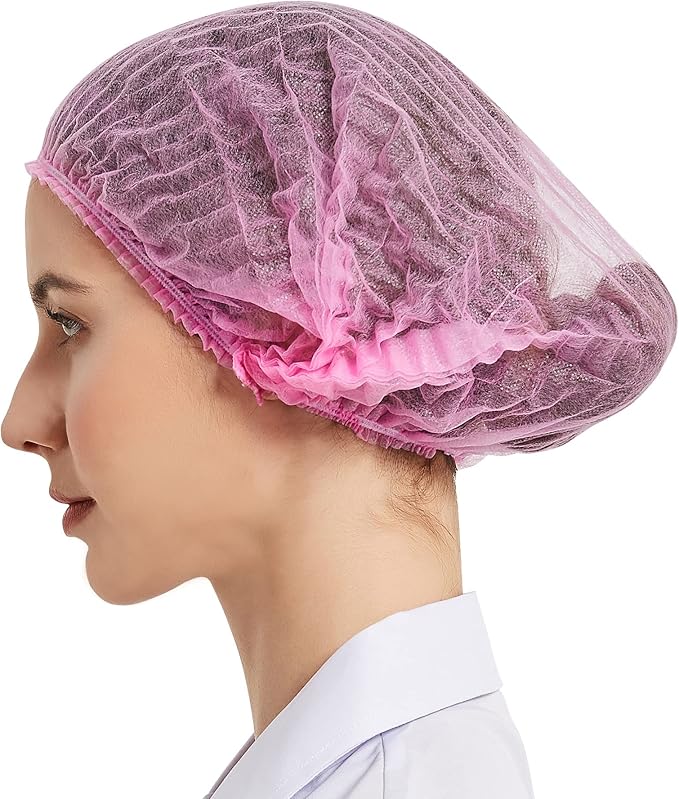 ProtectX 100-Pack Pink Disposable Hair Nets, Elastic Head Cover, Bouffant Caps, Sanitation Head Cover for Food Service, Spa Men & Women - 21 inch
