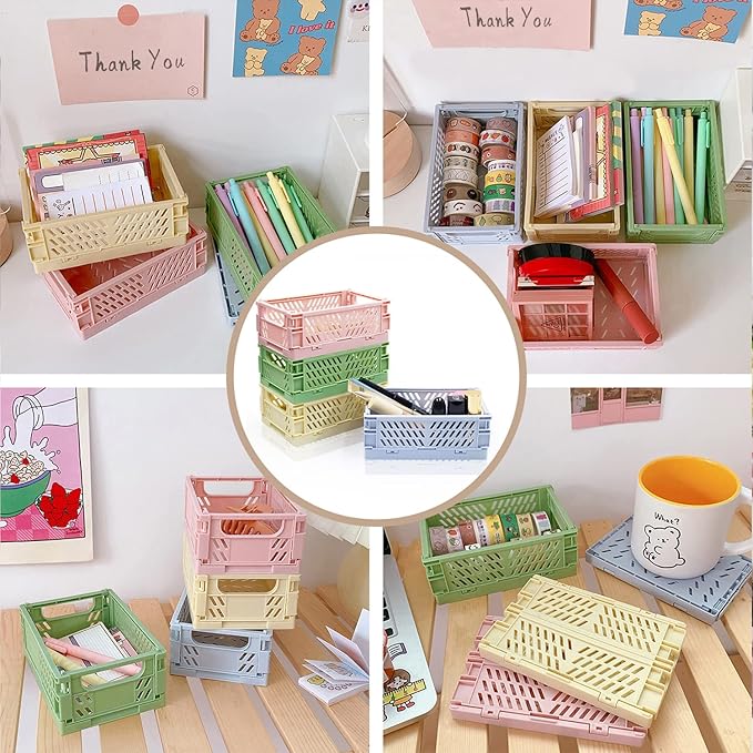 Xhwykzz 4 Pack Mini Foldable Plastic Small Baskets for Organizing and Storage, Collapsible Storage Crate for Home Bedroom Office Classroom Drawer Organizers (5.9x3.9x2.2in) Mini Size