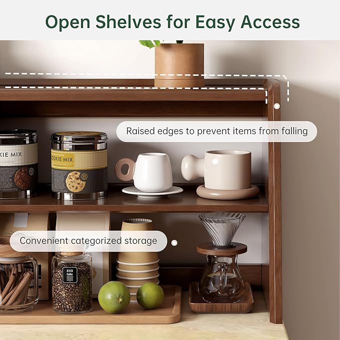 YESWOOD 100% Solid Rubberwood Kitchen Counter Hutch Shelf, 47.6'' Fully Assembled Countertop Organizer Storage Rack, Buffet Hutch Shelf with Trapezoid Structure for Kitchen & Dining Room