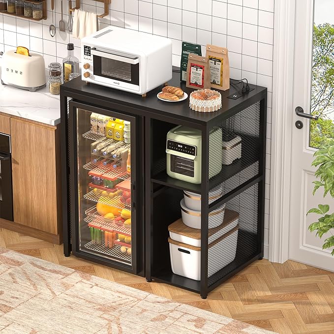 Homieasy Mini Fridge Cabinet Stand with Power Outlet, Coffee Bar Cabinet with Mini Fridge Space, Bar Stand with Microwave Shelf with Wine Rack for Kitchen, Dorm, Black