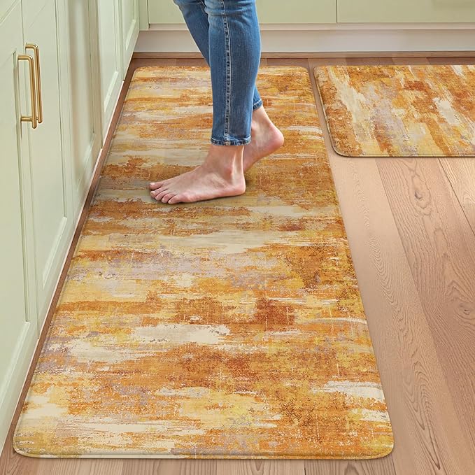 Collive Kitchen Mats Cushioned Anti Fatigue, Fall Modern Abstract Kitchens Floor Mat Non Skid Waterproof Sink Rugs, Memory Foam Comfort Standing Carpet for Office, 20" x 47" + 20" x 32"-Orange