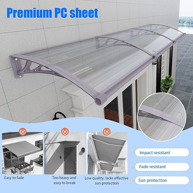 Awning for Door Entrance,32x80 Inches Awnings for Doors with Separate Drainage,Front Door Awning Exterior,Polycarbonate UV, Rain, and Snow Protection for Porch,Patio,Window,Deck