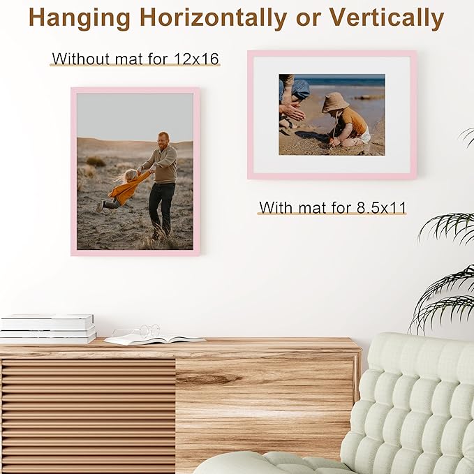 Vittanly 12x16 Picture Frame, Solid Wood Frame with Plexiglass, Includes 8.5x11 Mat, Wall Hanging for Photos, Home Decor, Pale Pink, 1 Pack