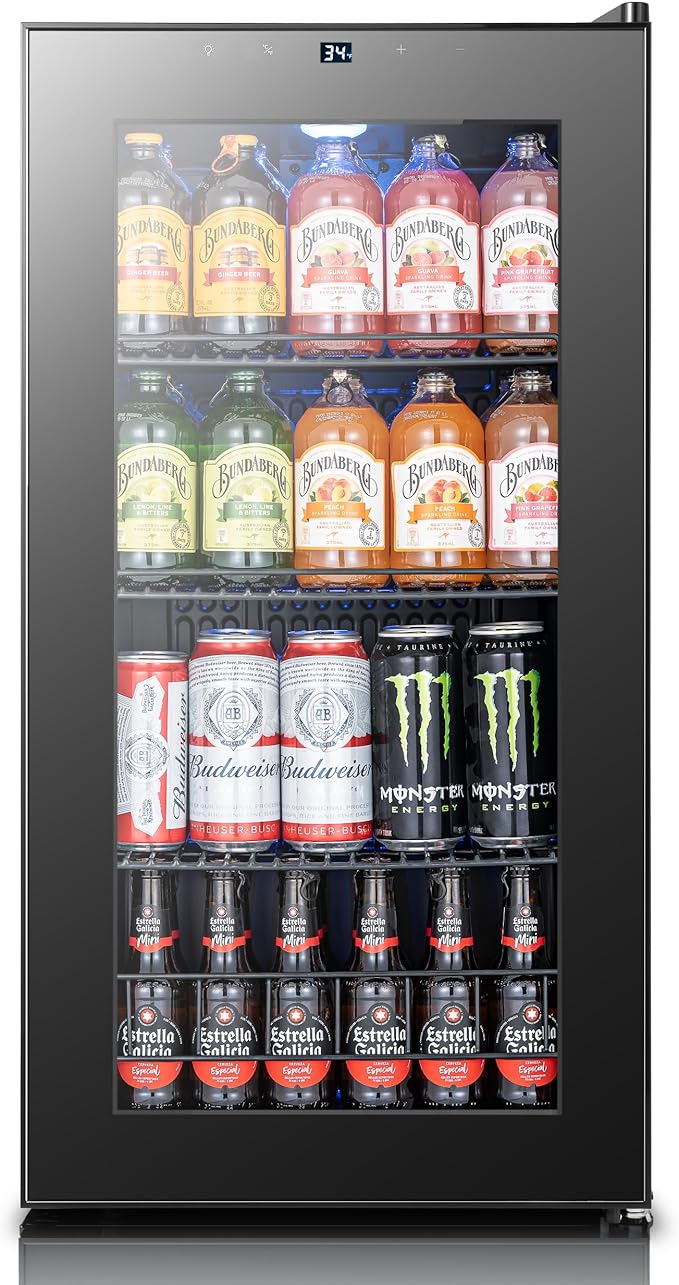 Yeego Beverage Refrigerator Cooler, 105 Cans Mini Fridge with Glass Door Beverage Fridge with Adjustable Shelves for Soda Beer or Wine, Beverage Cooler with Digital Temperature Control for Home Office