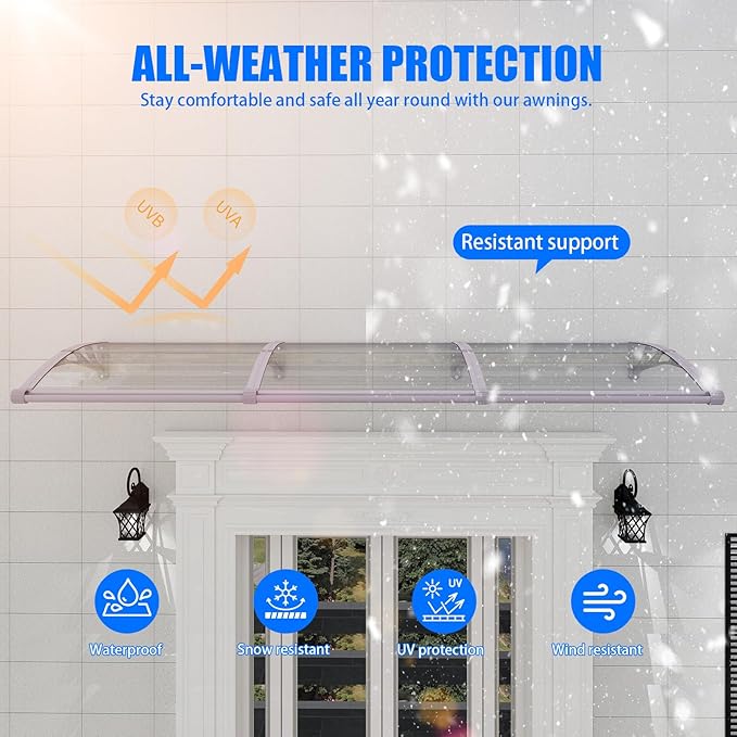 Awning for Door Entrance with Drainage Sink,40x40 Inch Awnings for Doors,Window Canopy Exterior with Plastic Steel Bracket,Polycarbonate Cover,UV,Rain,Snow Protection for House,Porch,Patio,Deck