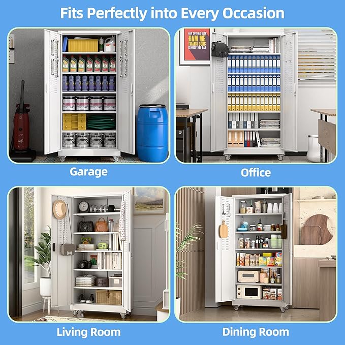 SUXXAN Garage Storage Cabinet with Pegboard and 5 Adjustable Shelves, 71'' x 32'' x 16''Metal Lockable Cabinet with Magnetic Doors,Tool Storage,Home Office Garage,Gym,School(White)