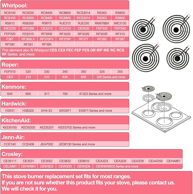 Upgraded MP22YA 4 Pack Electric Range Burner Element Unit Set, 2 x MP15YA 6" and 2 x MP21YA 8" Stove Burners Replacement for Kenmore Hardwick Maytag Norge Whirlpool Electric Range Stove Parts