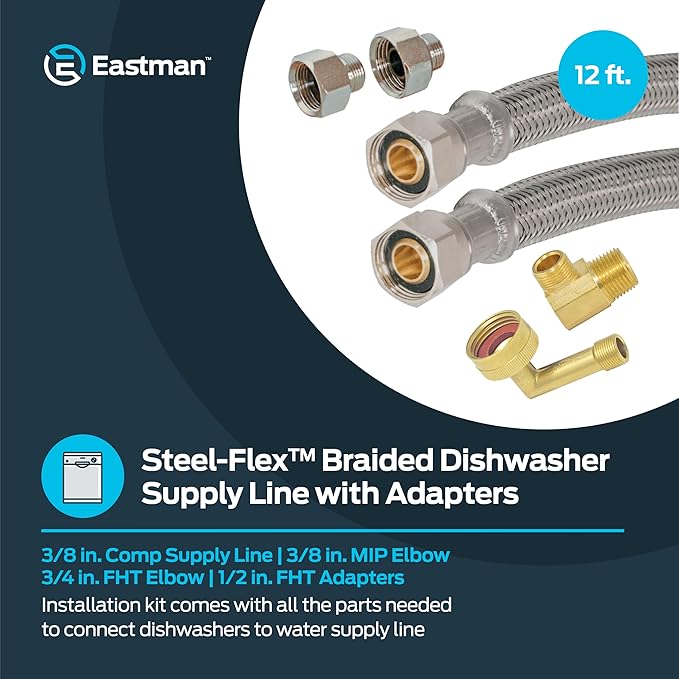 Eastman Dishwasher Installation Kit, 12 Ft Braided Stainless Steel Supply Line with Adapters, 3/8 Inch Compression Ends, 69008