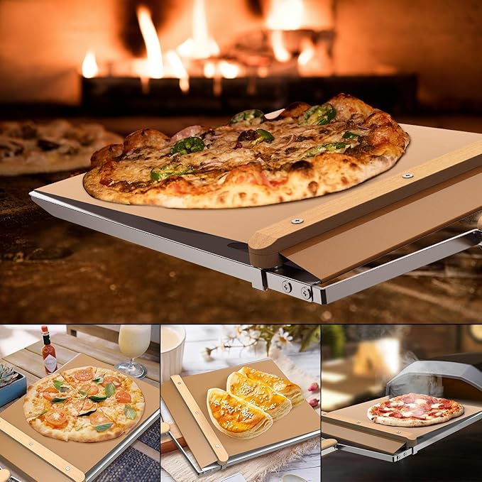 Non-Stick Sliding Pizza Peel 16" & 22x13 Metal Board, Bamboo Paddle w/Detachable Handle & Free Pizza Cutter for Beginners, Outdoor Oven Baking