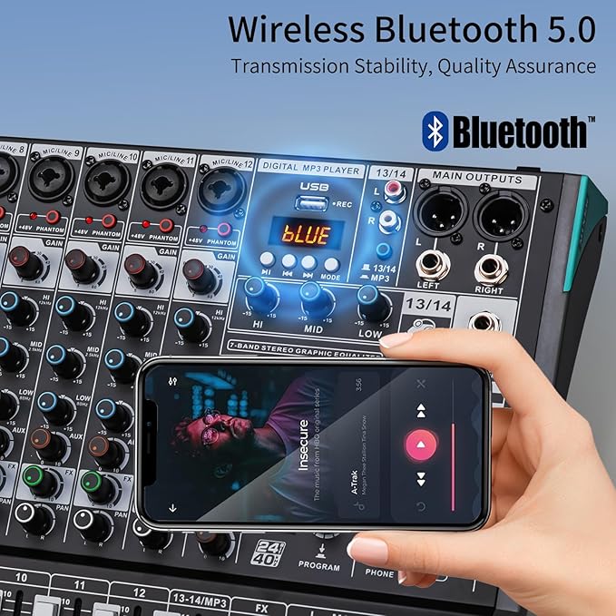 DJ Mixer, TKLBLS Professional 12 Channel Audio Mixer Board with 99-Bit DSP, Sound Board Mixing Console 7-Band EQ Output, USB Audio Interface, Bluetooth 48V Phantom Power For Karaoke Studio Streaming