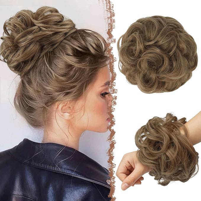 FESHFEN Large Messy Bun Hair Piece - Wavy Synthetic Chignon Scrunchies Elastic Ponytail Hair Extensions Thick Hairpieces for Women, Light Brown mix Natural Blonde 1.94oz