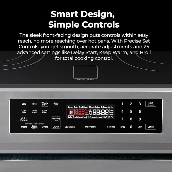 Kenmore 2296833 5.6 cu. ft. Front Control Electric Range Oven - True Convection with 5 Elements, Steam Clean Oven, Broil Function, Chrome Racks, Precision Set Controls, Large Window - Stainless Steel