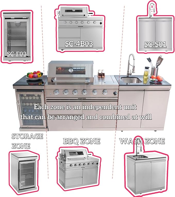 98-Inch Natural Gas Outdoor Kitchen Island - 72000 BTU 4-Burner Grill with Refrigerator, Granite Countertops & Rotisserie, Silver
