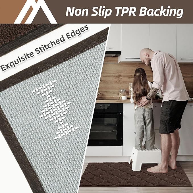 COSY HOMEER Soft Kitchen Rugs [2 PCS] for in Front of Sink Super Absorbent Kitchen Floor Mats and Mats 20x30 Inch/20X48 Non-Skid Kitchen Mat Standing Mat Washable,Polyester,Brown