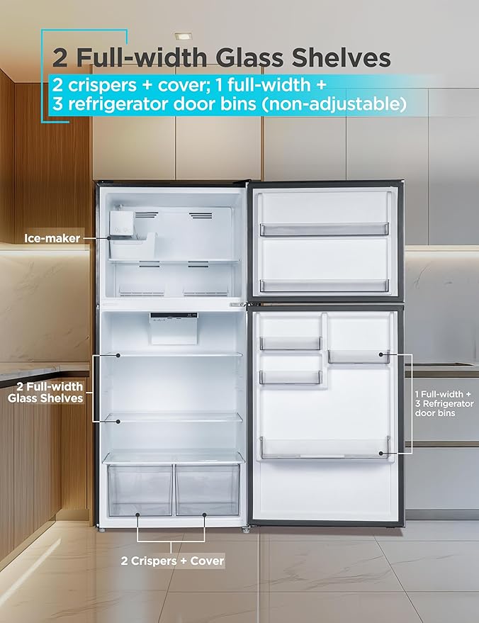 BLACK+DECKER 20.1 Cu. Ft. Top Mount Refrigerator with Ice Maker, 2-Door Refrigerator with Top Freezer, Freezer with Icemaker and Adjustable Temperature Control, ENERGY STAR, BR2010JIMB, Black