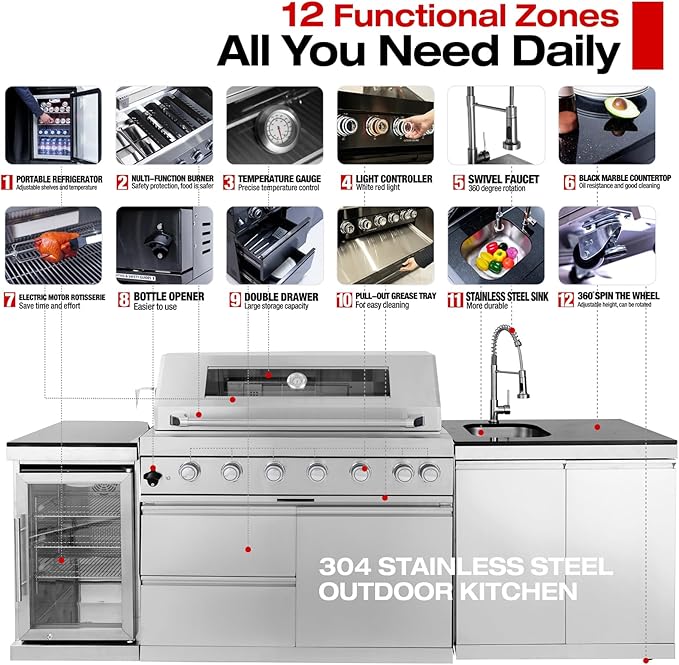 Outdoor Kitchen Island, 95.5 Inch 85000 BTU Gas Grill Combination With Refrigerator and Sink, Outdoor Stainless Steel Barbecue Bar, 6 Burner Propane Grill for Patios, Gardens, Parties