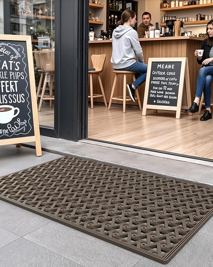 DEXI Front Door Mat Outside Entrance Rubber 32x48, Welcome Floor Doormat Heavy Duty Non Slip, Dirt Trapper Waterproof Exterior Entry Mats All Weather for Patio Entryway Drainage, Brown