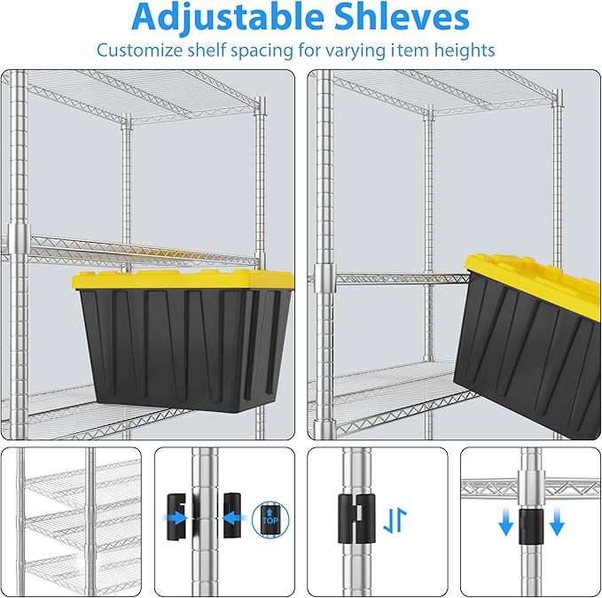 Homdox Heavy Duty Storage Shelves, 5 Tier Wire Shelving Unit with Wheels, Commercial Adjustable Metal Shelves for Storage, Garage Rack Pantry Shelves Kitchen Shelving, 18"x36"x82", Chrome